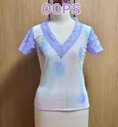 未使用 OOPS パステルカラー Vネック Tシャツ レース カットソー 花柄