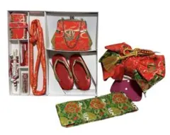 お子様用和装小物セット　3歳向け　作り帯＋はこせこセット　朱色～グリーン