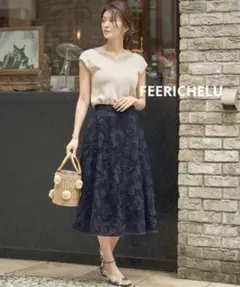 FEERICHELU フラワーレーススカート　ネイビー サイズM