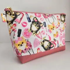 チワワとコスメ柄×帆布・まち付きポーチ20㎝
