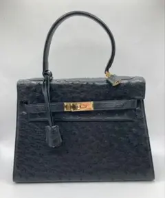 B オーストリッチ　ブラック　レザー　ハンドバッグ　フォーマル