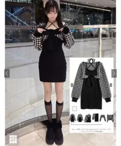 【新品未開封GRLチェック柄シャギーボレロネックリボンミニワンピースtu1925