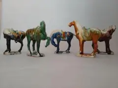 中国　唐三彩　陶器製馬五頭セット 開運