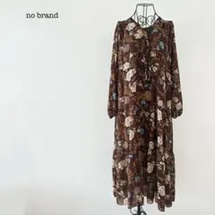 花柄ティアードワンピース　ロング　フレア　Ｖネック　切り替え　シースルー