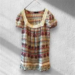 Ra・RooP レディース　半袖チュニック（M）花柄　ふんわり　レース　総柄