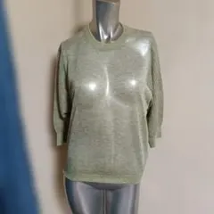 COMME CA ISM　ライトグリーン 五分袖ニットトップス