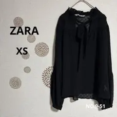 51【ザラ】長袖シャツ ブラウス　薄手　透け感　ドット水玉　カットソーリボンXS