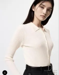 新品UNIQLO メリノブレンドリブポロカーディガン OFFWHITE Mサイズ