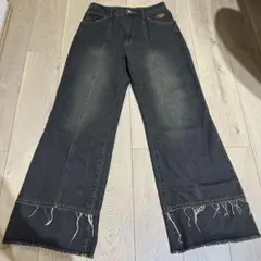 【人気】Perushu フリンジ カットオフ セミフレア デニム ブラック系