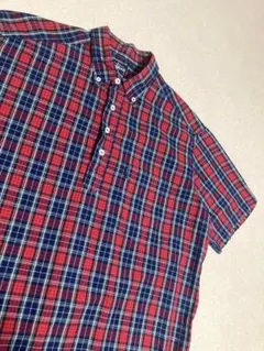 90s USA製STUSSY チェック柄 スキッパーシャツ ハーフボタン 紺タグ