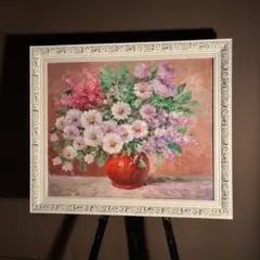 ☆秀作☆ 手書き油絵 シルバーペタル 肉筆絵画 インテリア 油彩画