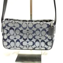 美品　コーチ　アクセサリーポーチ　シグネチャー　ネイビー　キャンバス　肩掛け