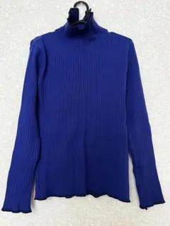リブ編み ハイネック セーター 青
