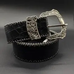 ベルト　クロコダイル　メンズ　ウエスタン　ブラック　シルバー　レトロ　バックル