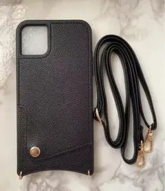 iPhone11 シンプルレザーソフトケース&ストラップセット ブラック　黒