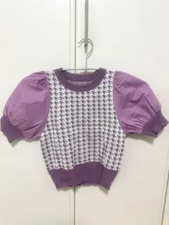 パープル ハウンドトゥース柄 半袖ニット Mサイズ