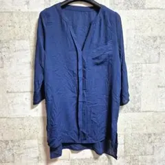 SHEIN シアーブラウス ネイビー Mサイズ 七分袖 ロング丈 体型カバー