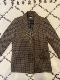 ZARA チェック柄 エルボーパッチブレザー ウール混テーラード