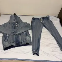 1本ライン カットデニム セットアップ 青L サイドライン ルームウェア