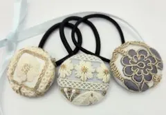 SALE♡三点セット　38mmインド刺繍リボン☆くるみボタンヘアゴム NO.26