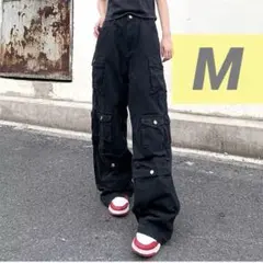 送料0 ワイドデニム カーゴ パンツ ボトムス 人気 ダボパン 黒 ポケ付き M