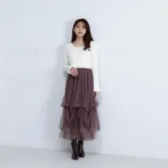 【NATURAL BEAUTY BASIC】　チュールニット切替ワンピース