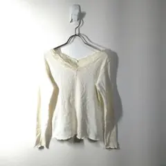 レトロガールRETROGIRL✴️リブトップス　レースVネック　白　M