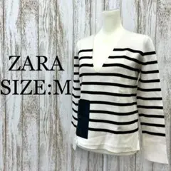 ザラ❤️セーター　深Vネック　ボーダー　オープンカフス　白　ホワイト　M
