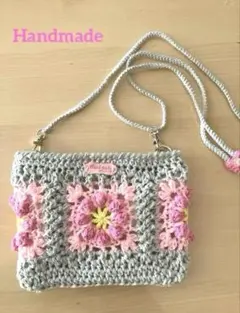 ショルダーバッグ　スマホショルダーバッグ　ハンドメイド　フラワーモチーフ　ピンク