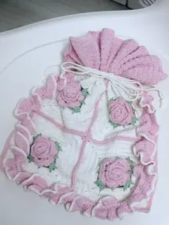 かぎ針編み☆薔薇モチーフ☆肩掛け☆巾着フリルショルダーバッグ☆グラニースクエア