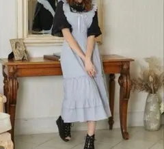 【未使用】axes femmeアクシーズリボン付きエプロンジャンスカ サックス