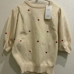アイボリー ハート刺繍 五分袖ニット M