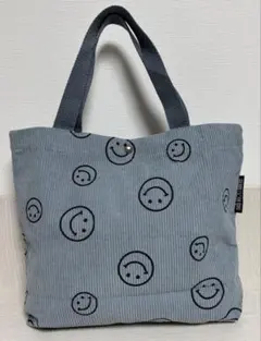 スマイル柄 コーデュロイ ミニトートバッグ ランチバッグに!！B5収納可　手提げ