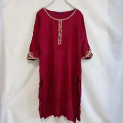 ★スリスティ インド製　刺繍エスニック七分袖チュニック M スリット　ビスコース