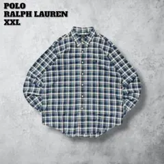 ポロラルフローレンBDシャツ長袖Y2Kブルー青チェックオーバーサイズXXL古着