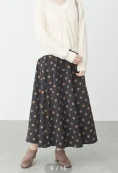 Te chichi TERRASSE フレアロングスカート ドット柄 黒×茶