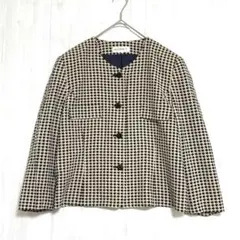 KORET 千鳥格子 ノーカラージャケット　【美品】　ベージュ　薄手