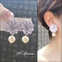 No.70 ライトパープル フラワー ゆらゆらパールピアス イヤリング