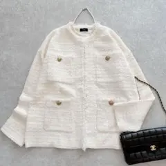 極美品 シップス 23AW ニットツイードクルーネックカーディガン 金釦 洗える