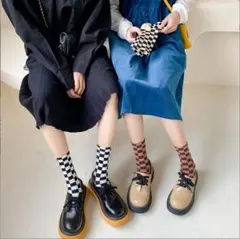 【送料無料】カジュアル チェック柄 クルー ソックス #ブラック×ホワイト