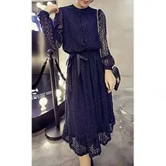 総レース ミディ丈 ウエストリボン ワンピース