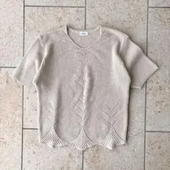 透かし編み ニット 半袖 ベージュ M ナチュラル ケーブル編み
