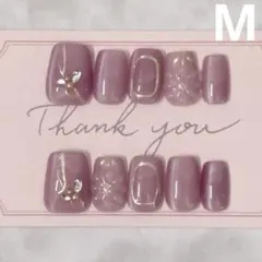 A89新品　パープル　ぷっくりフラワー　ネイルチップ Mサイズ　ゴールドライン
