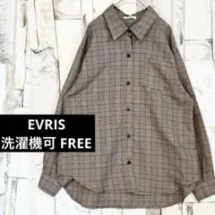美品 エヴリス 洗濯機可 グレンチェック シャツ オーバーサイズ 長袖 F 茶のサムネイル
