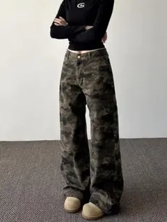 【追加仕入】ロング迷彩柄パンツ★年中活躍！ゆったりお洒落アウトドア女子必見