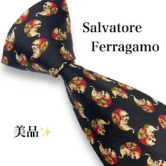 【美品】フェラガモ　ハイブランド　ネクタイ　ブラック　黒　アニマル柄　シルク　絹