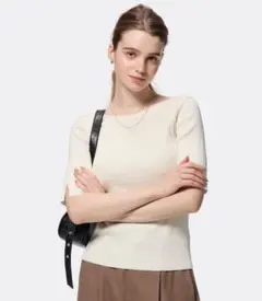 リブボートネックセーター 5分袖　GU