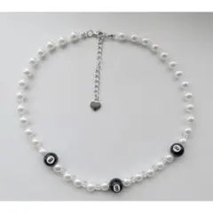 8ボール ビリヤード パールネックレス クリアビーズ エイトボール rn0043