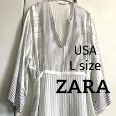 ZARA ストライプ 長袖ロングワンピース ボーダー L レーヨン混
