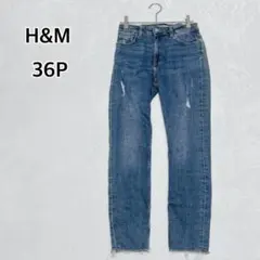 H&M ダメージデニム スキニー カットオフ アンクル丈 ブルー i5743